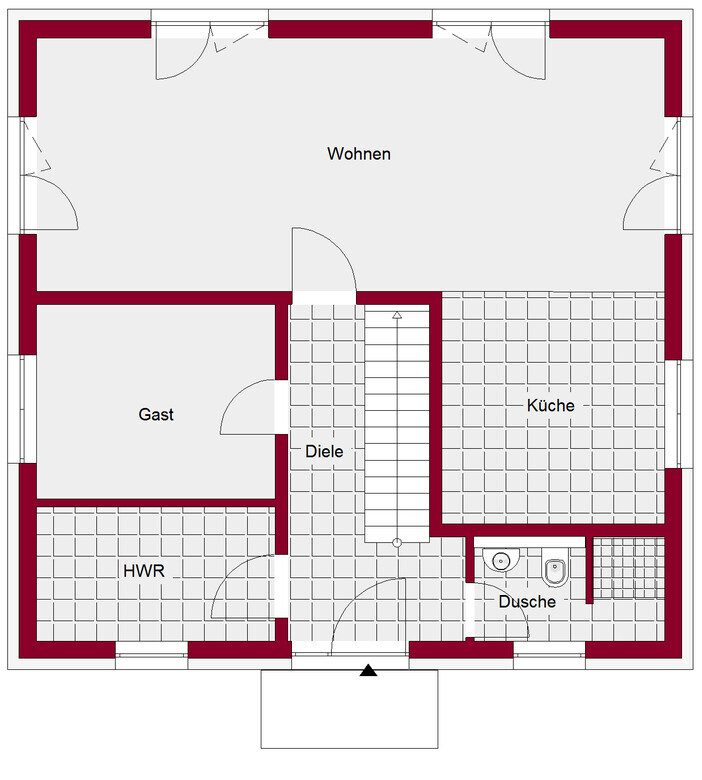 Grundriss eines Hauses: Wohnen, Küche, Gästezimmer, Diele, HWR, Dusche, Treppenaufgang