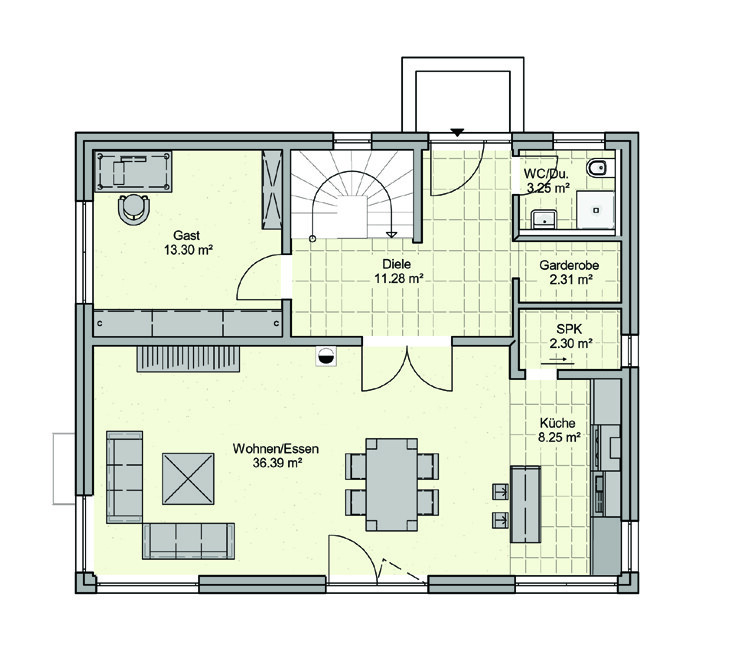 Obergeschoss-Grundriss: Wohnen/Essen, Küche, Gastzimmer, Diele, WC, Garderobe.