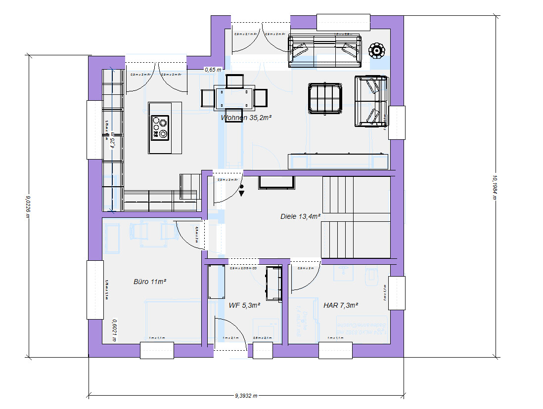Grundrissplan: Wohnen 35,2m², Diele 13,4m², Büro 11m², HAR 7,3m², WF 5,3m²
