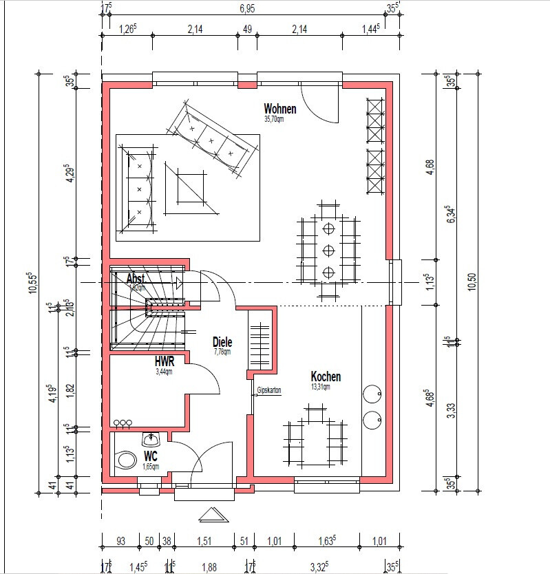 Grundriss eines Hauses: Erdgeschoss mit Wohnen, Kochen, Diele, WC, HWR und Treppenaufgang.