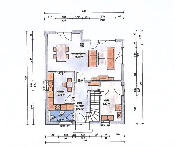 Grundriss eines Hauses mit Wohnen/Essen, Küche, Diele, WC und HAR