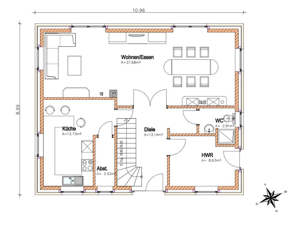 Grundriss Erdgeschoss: Wohnen/Essen, Küche, Diele, WC, HWR, Abstellraum und Treppe.