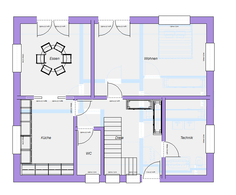 Grundrissplan: Küche, Essen, Wohnen, Diele, WC, Technik; Treppen und Türen sichtbar.