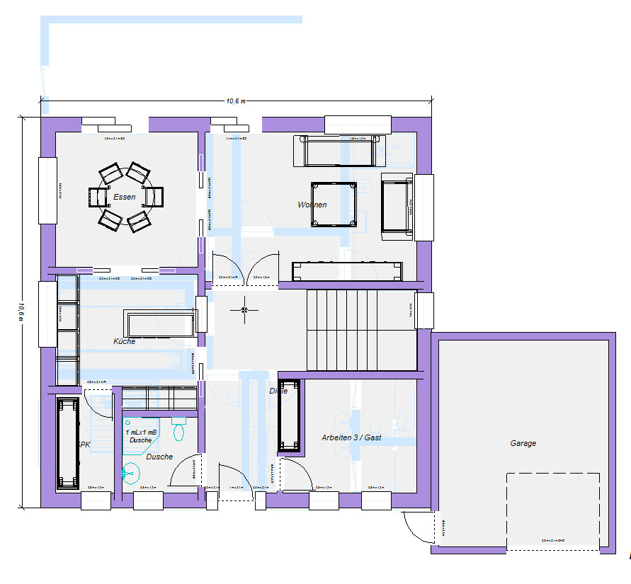 Grundriss eines Hauses: Küche, Essbereich, Wohnzimmer, Arbeits-/Gästezimmer, Diele, Dusche, Garage.