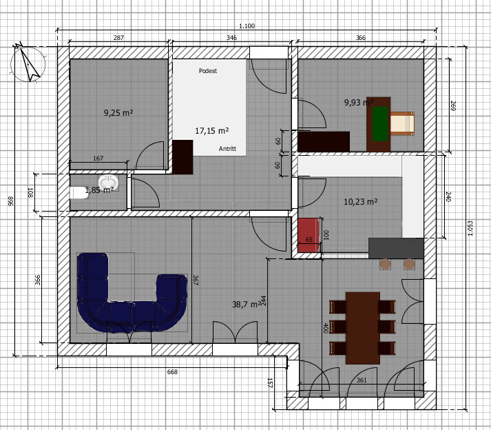 Grundriss: Wohnzimmer 38,7 m², Flur 17,15 m², Küche/Ess 10,23 m², Bad 1,85 m².