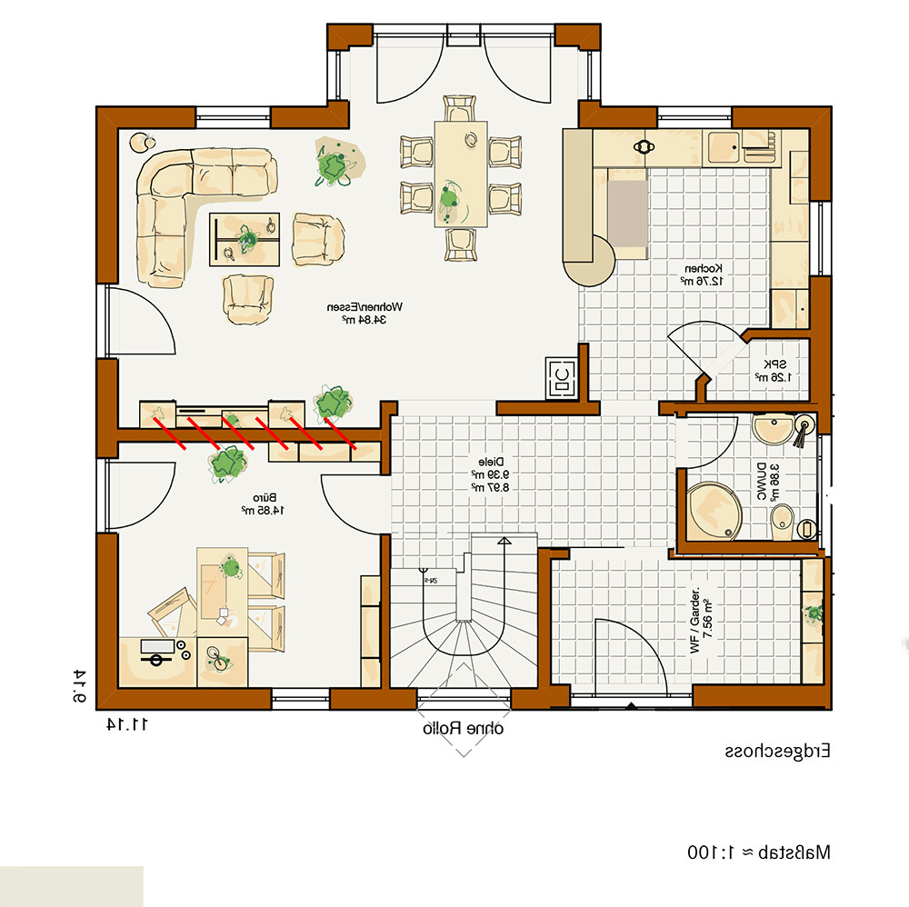 Von oben gezeichneter Grundriss: Wohnzimmer, Essbereich, Küche, Bad, Flur, Treppenhaus.