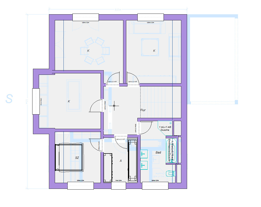 Grundriss eines Hauses: Flur, Schlafzimmer (SZ), zwei Küchen (K), Bad, Dusche, Wohnzimmer.