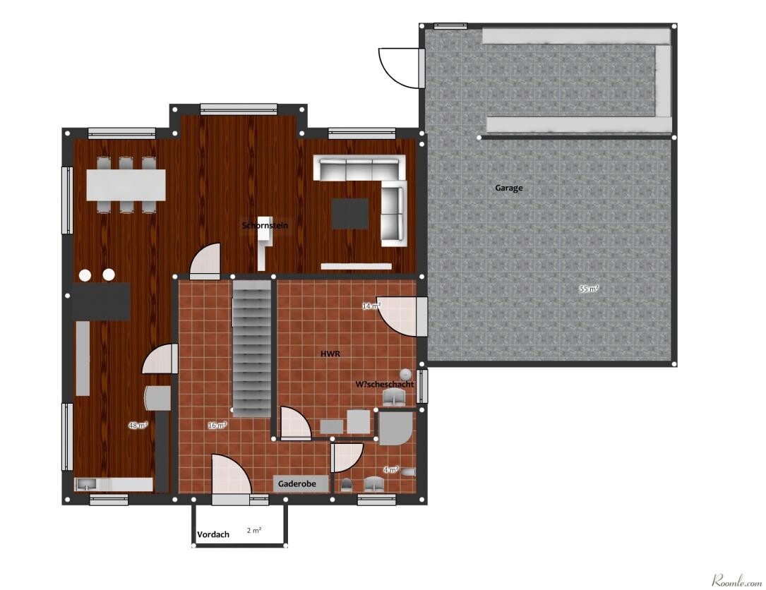 Grundriss eines Hauses: Wohnzimmer, Küche mit Essbereich, HWR, Garderobe, WC, Vordach, Garage.