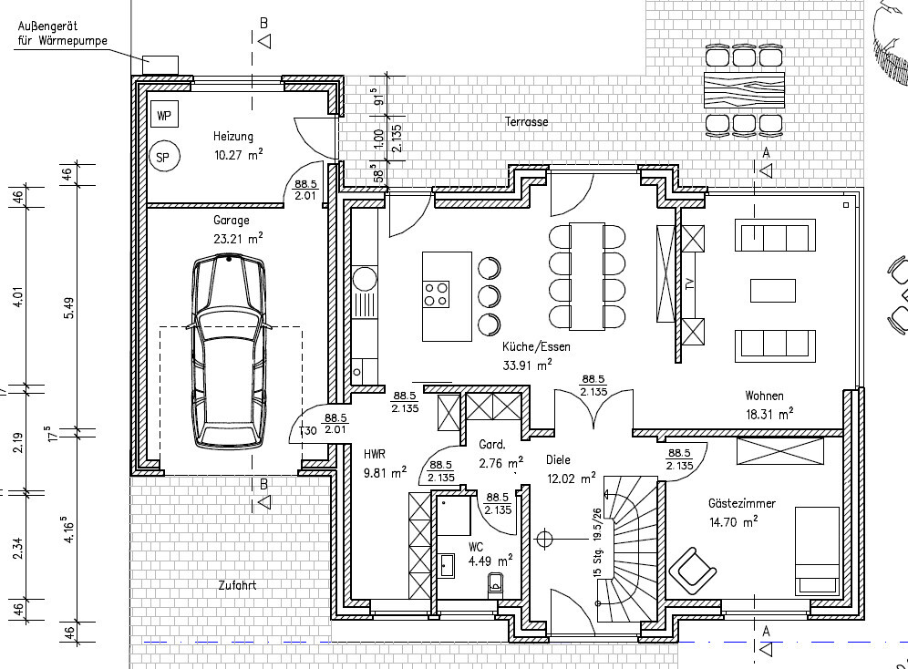 Grundriss eines Hauses: Garage, Heizung, HWR, Diele, Küche/Essen, Wohnen, Gästezimmer, Terrasse.