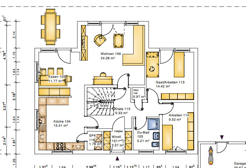 Grundriss eines Hauses mit Küche, Essbereich, Wohnen, Gast/Arbeiten, Bad, Diele, Treppe.