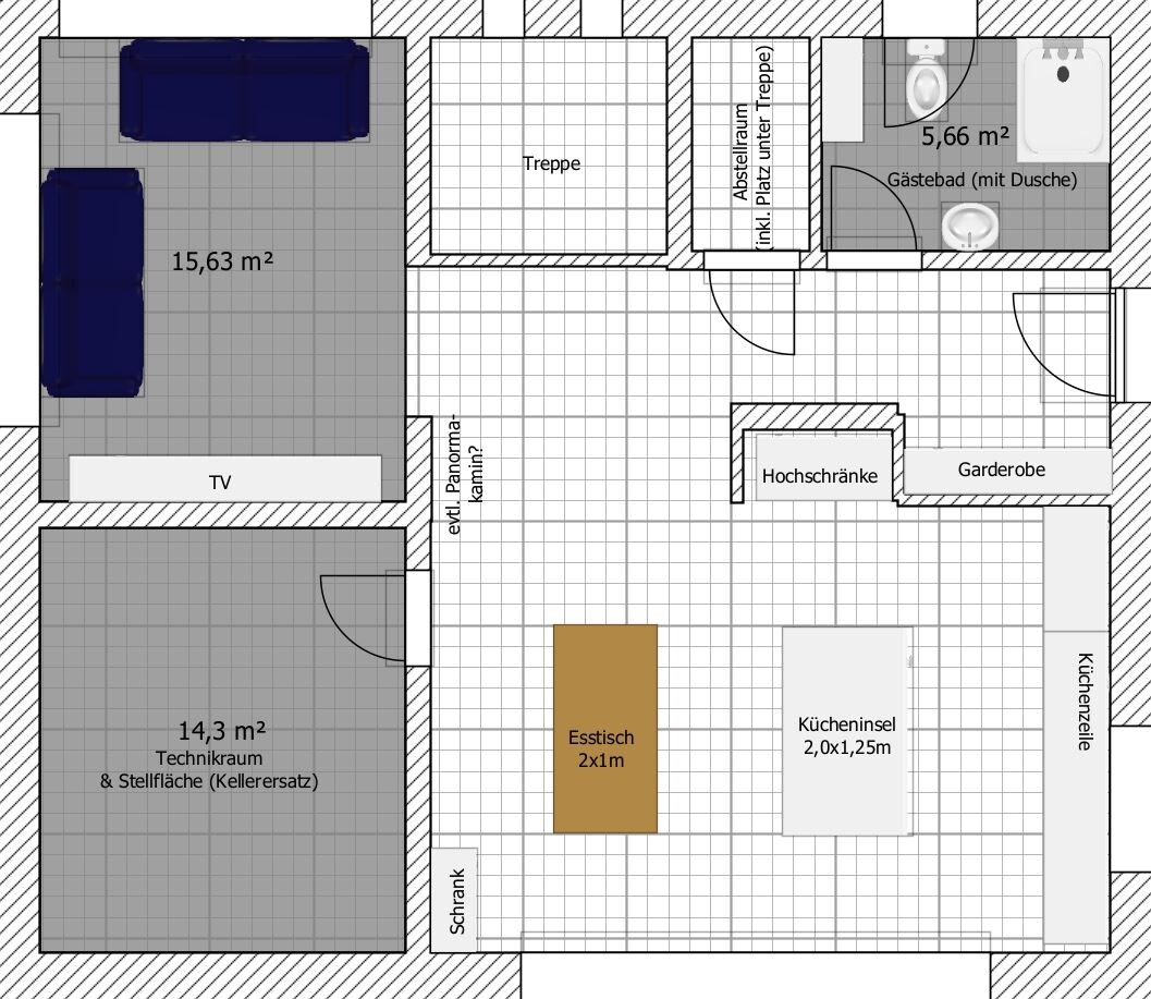 Grundriss: Wohnzimmer mit TV, Küche mit Insel, Esstisch, Gästebad, Technikraum.