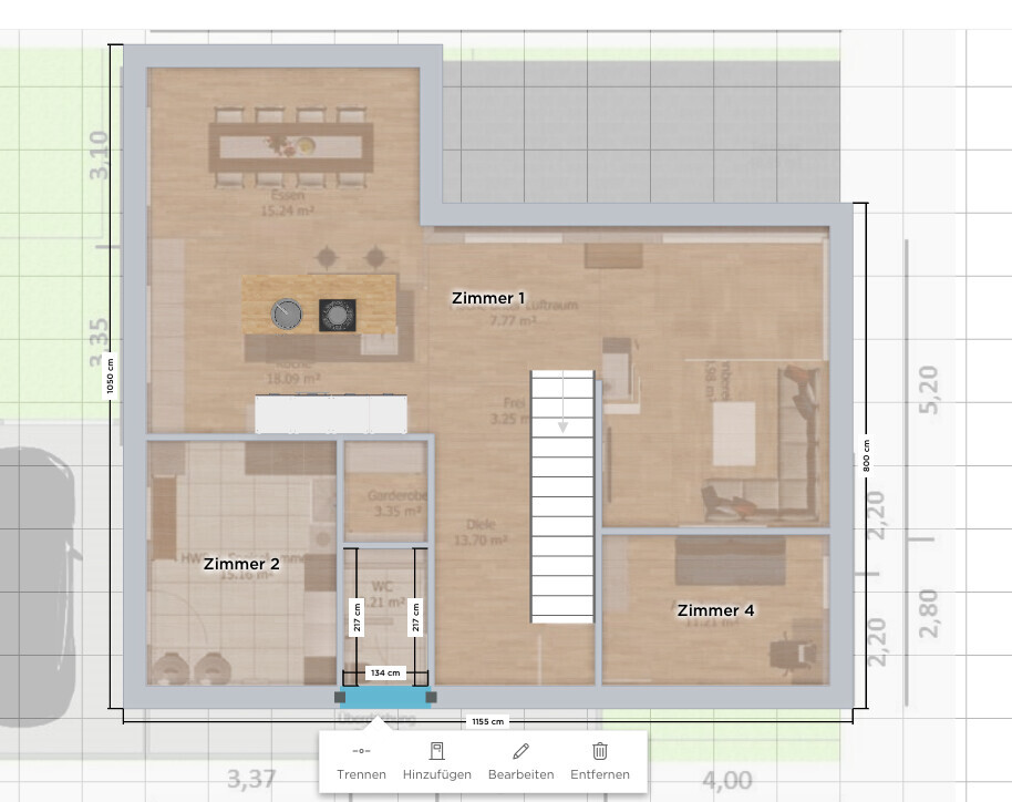 Grundriss eines Hauses mit 4 Zimmern, Küche, Essbereich, Diele, Treppe und WC.