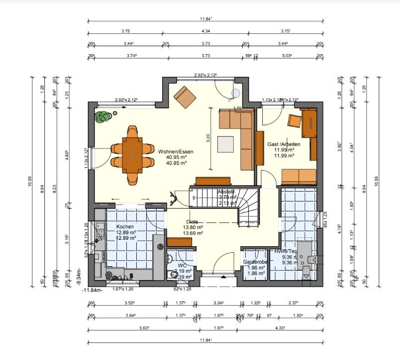 2D-Grundrissplan eines Hauses mit Wohn- und Essbereich, Küche und Diele.