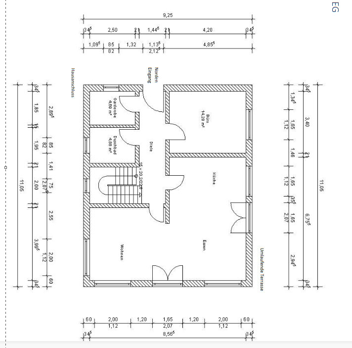 Grundriss eines Hauses: zentrale Diele, Wohnzimmer, Esszimmer, Küche, Treppenhaus und Badezimmer.