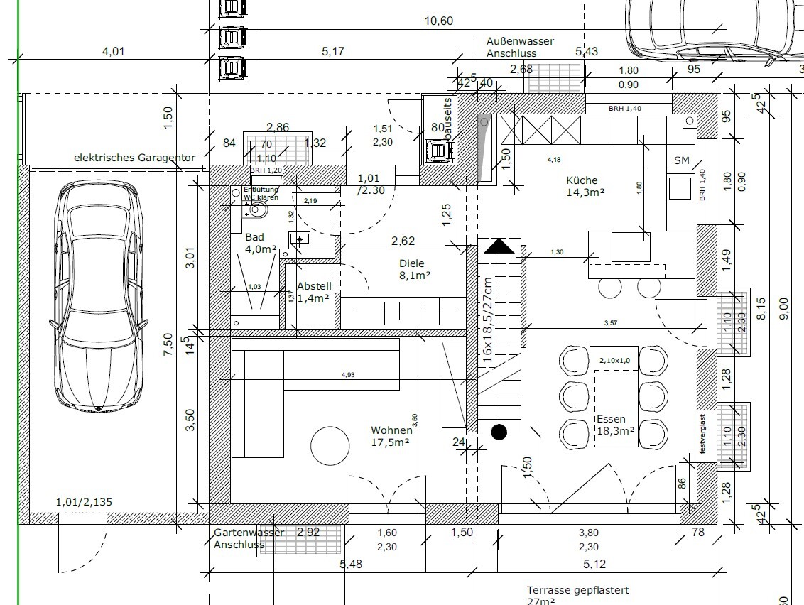 Grundriss eines Hauses mit Garage, Küche, Esszimmer, Wohnen, Bad, Diele, Abstellraum und Terrasse