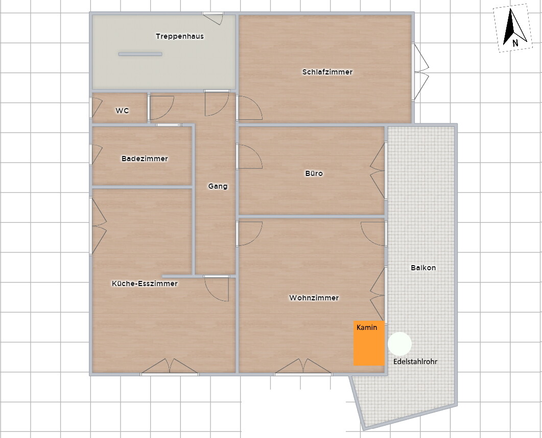 Grundriss eines Hauses mit Wohnzimmer, Küche-Esszimmer, Schlafzimmer, Büro, Bad, WC, Balkon, Kamin.