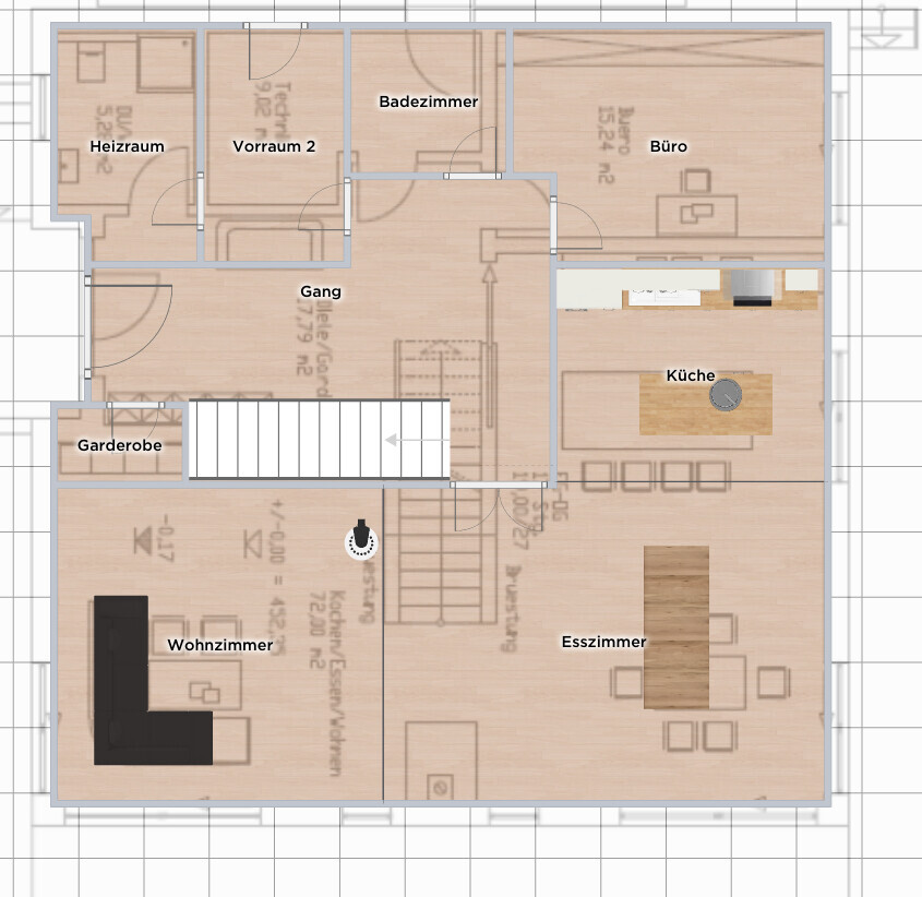 Grundriss eines Hauses mit Wohnzimmer, Esszimmer, Küche und Flur