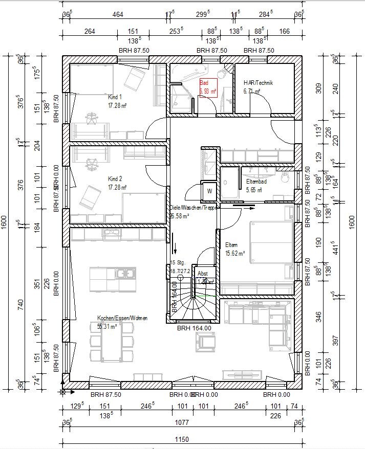 Grundriss eines Wohnhauses mit Eltern- und Kinderzimmern, Küche/Essen/Wohnen, Bad und Flur.