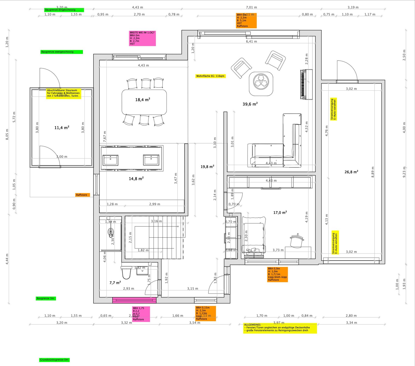 Detaillierter Grundriss eines Hauses mit Wohnzimmer, Küche und Essbereich.