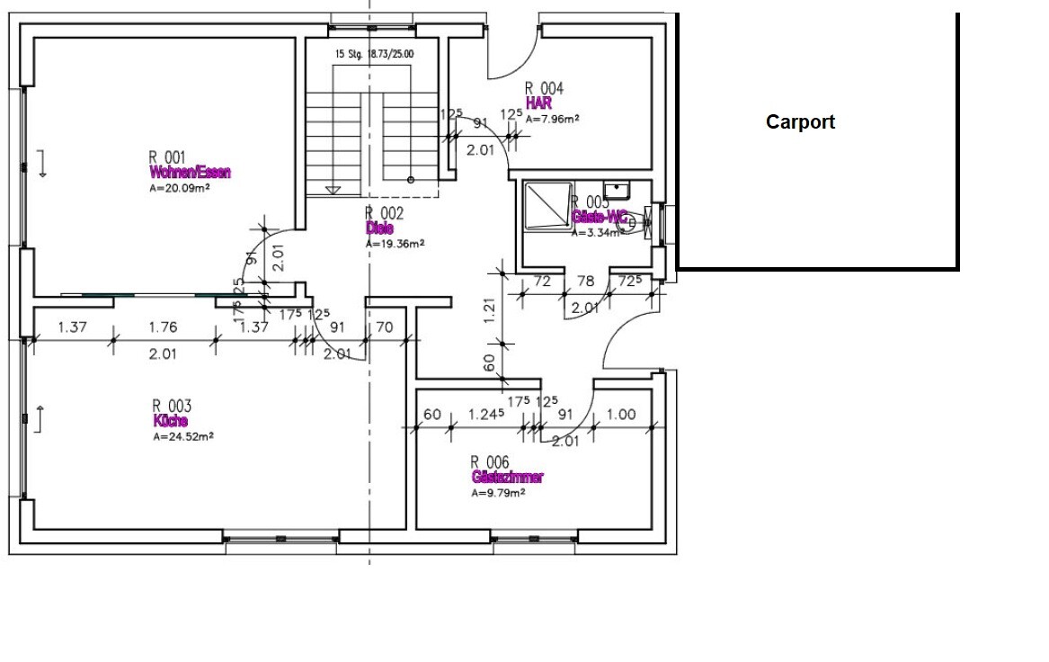 Grundriss eines Hauses mit Wohnzimmer, Diele, Küche, Gästezimmer, Gäste-WC und Carport.