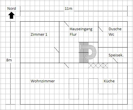 2D Grundriss eines Hauses mit Zimmer 1, Wohnzimmer, Küche, Flur, Eingang, Dusche und WC