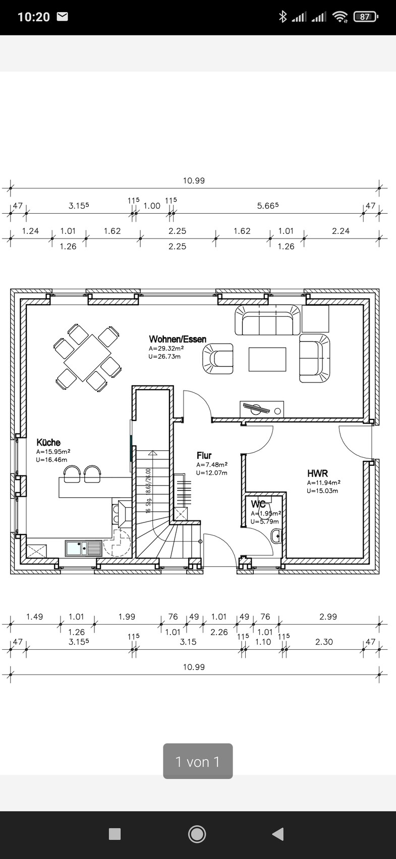 Grundriss: offenes Wohnen/Essen mit Küche, Flur, HWR und WC, Treppe