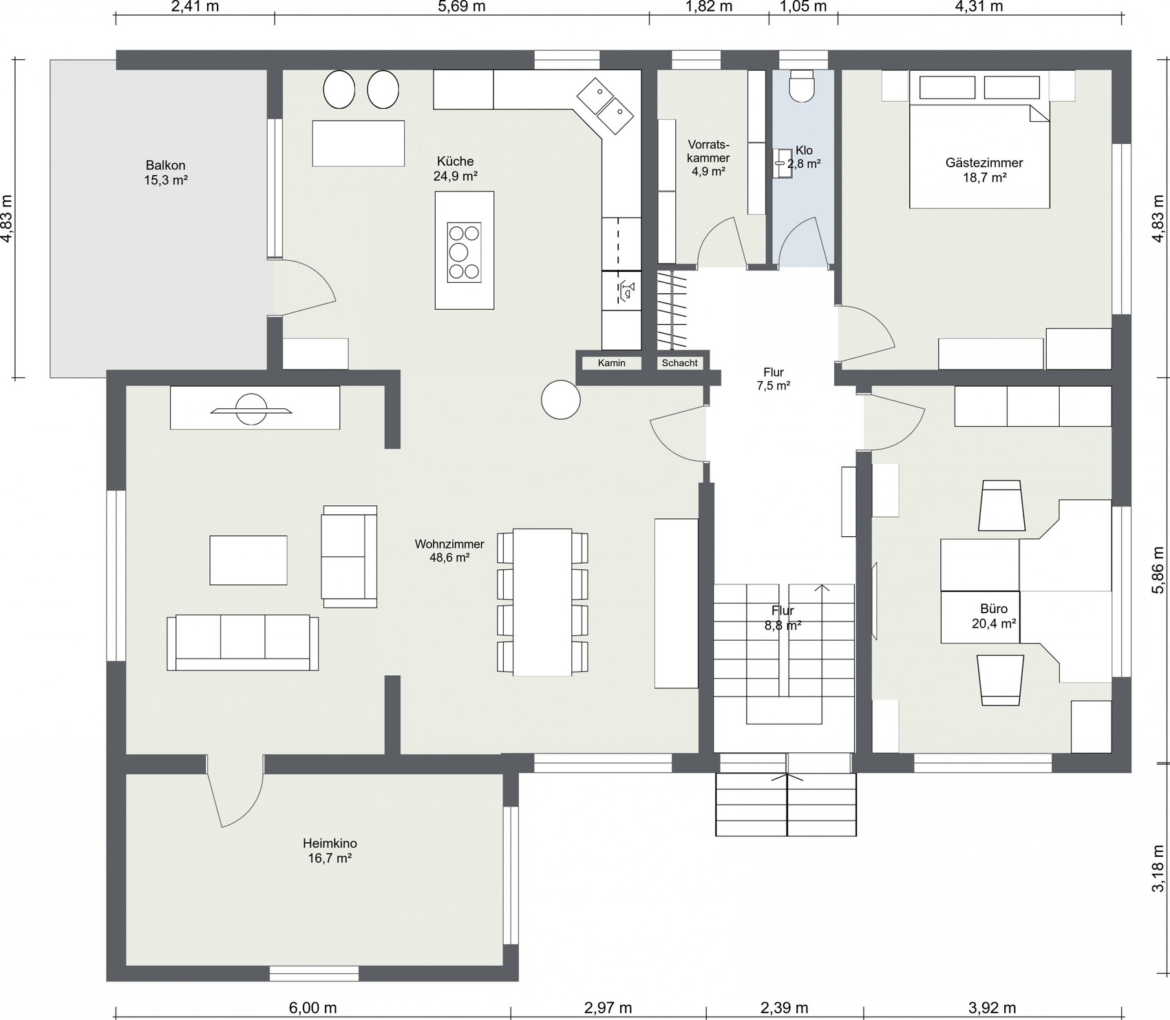 Grundriss eines Hauses mit Küche, Wohnzimmer, Gästezimmer, Büro, Terrasse und Balkon.