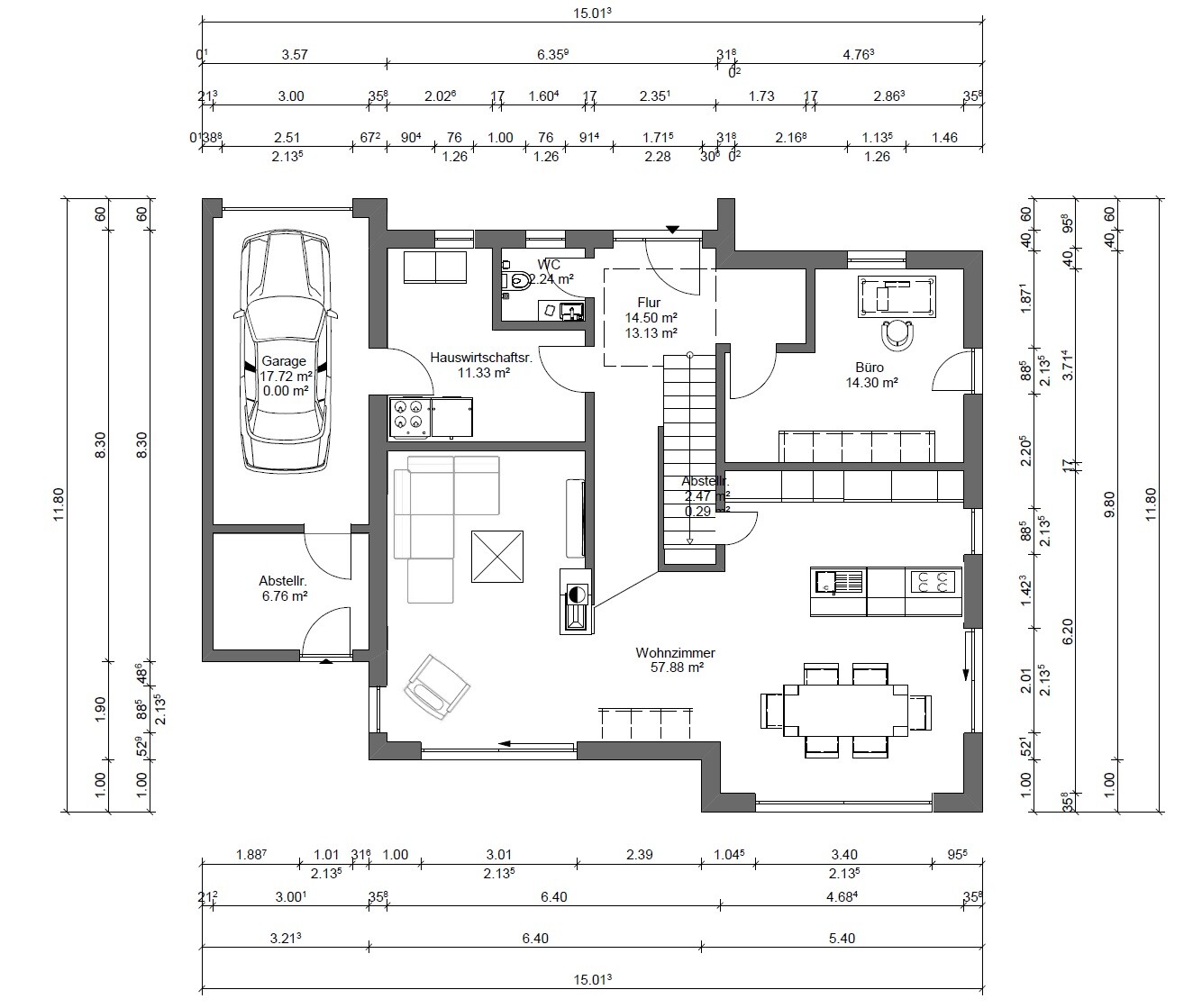 Grundriss des Erdgeschosses: Garage, Abstellraum, Küche, Wohnzimmer, Flur, Büro.