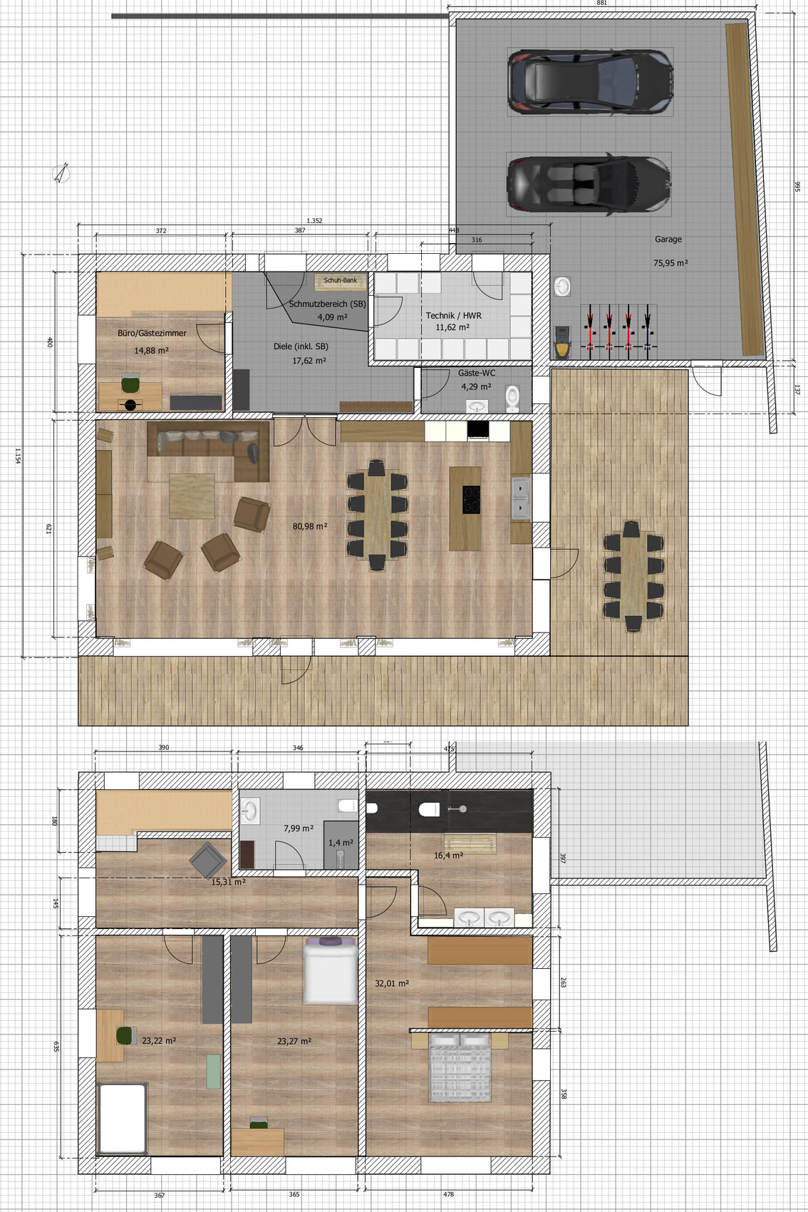 Zweigeschossiger Hausgrundriss mit Garage, Wohn- und Essbereich, Küche und Schlafzimmern.