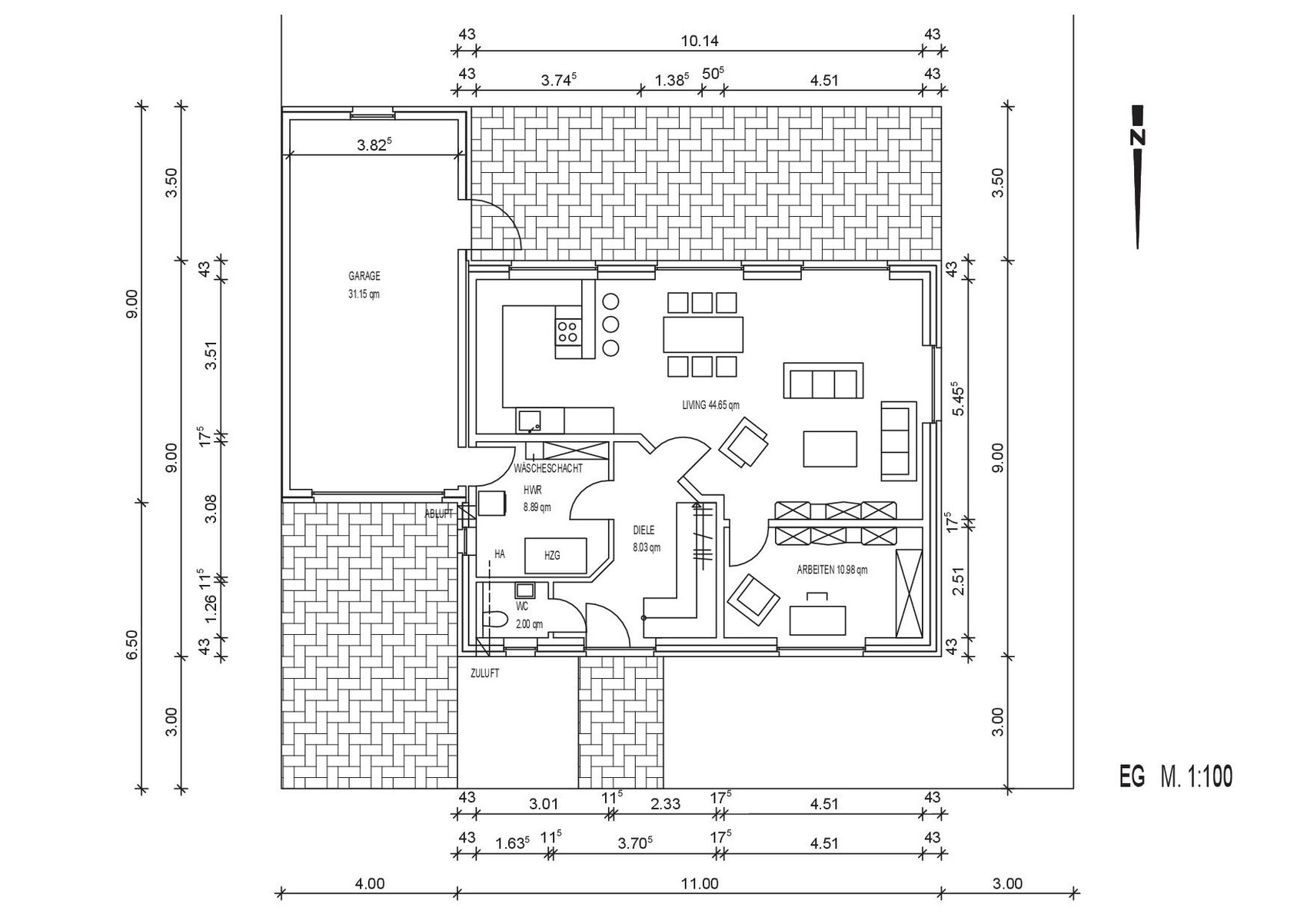 Grundriss eines Hauses: Garage links, offener Küchen-/Wohnbereich, Arbeitszimmer, Flur, Eingang.