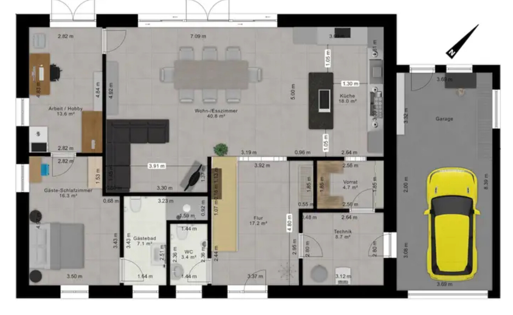 Grundriss eines Hauses: Wohn-/Esszimmer, Küche, Flur, Schlafzimmer, Bad, Garage mit Auto.