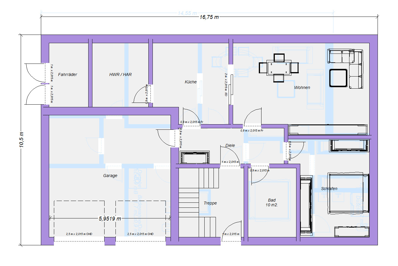 2D Grundriss eines Hauses mit Wohnzimmer, Küche, Bad, Schlafzimmer, Garage und Treppe.