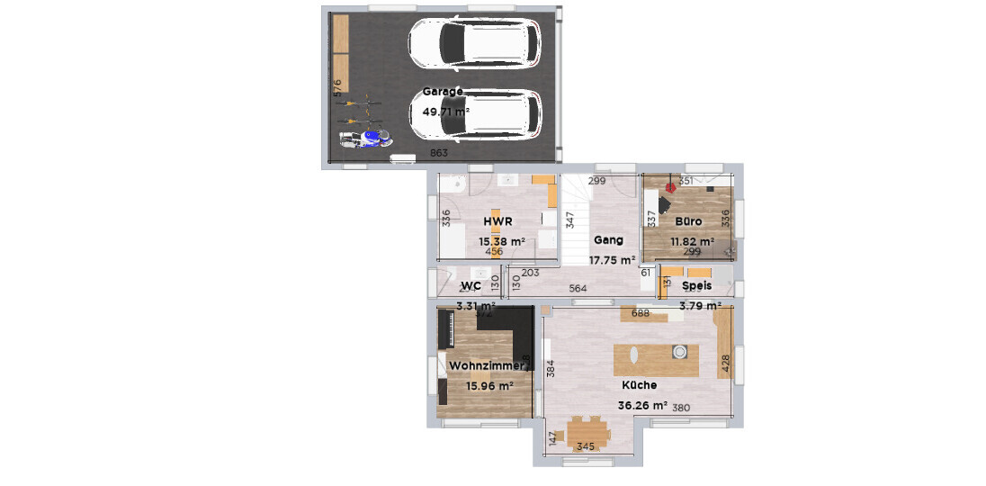 Grundriss eines Hauses: Garage mit zwei Autos, HWR, WC, Gang, Büro, Speis, Küche und Wohnzimmer.