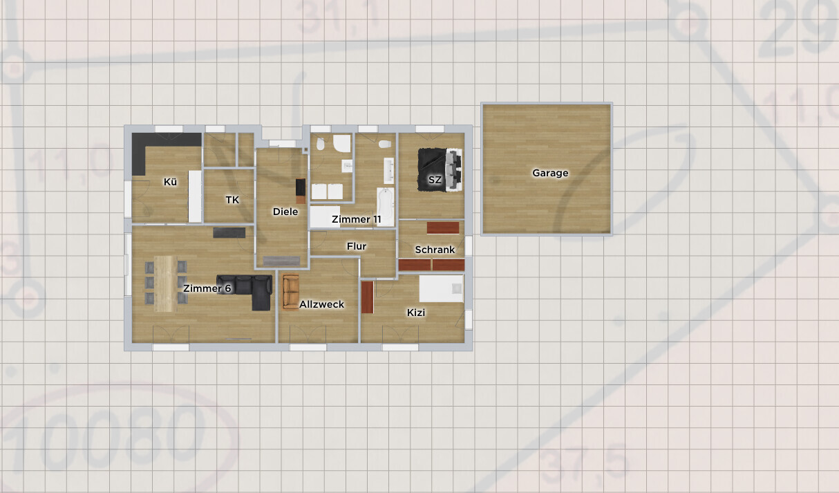 Grundriss eines Hauses: Küche, Diele, Flur, Zimmer 6, Zimmer 11, Allzweck, Kizi, SZ, TK; Garage.