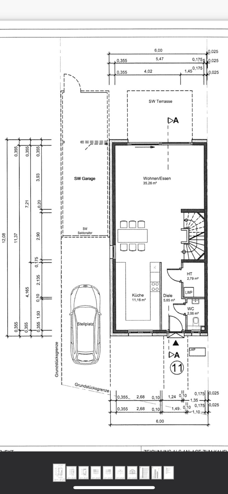 Grundriss eines Hauses mit Garage, SW-Terrasse, Wohnen/Essen, Küche, Diele und WC