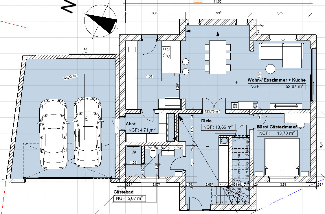 Grundrissplan eines Hauses mit Garage, Wohn-/Esszimmer und Küche