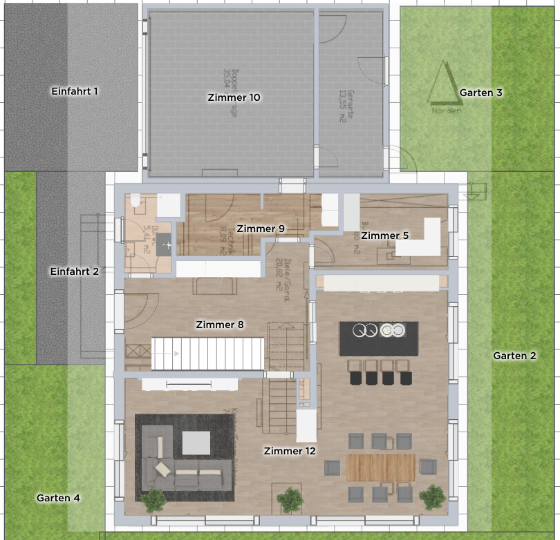 Grundriss eines Hauses mit mehreren Zimmern (5, 8, 9, 12), Treppen, Küche und Gartenbereichen.
