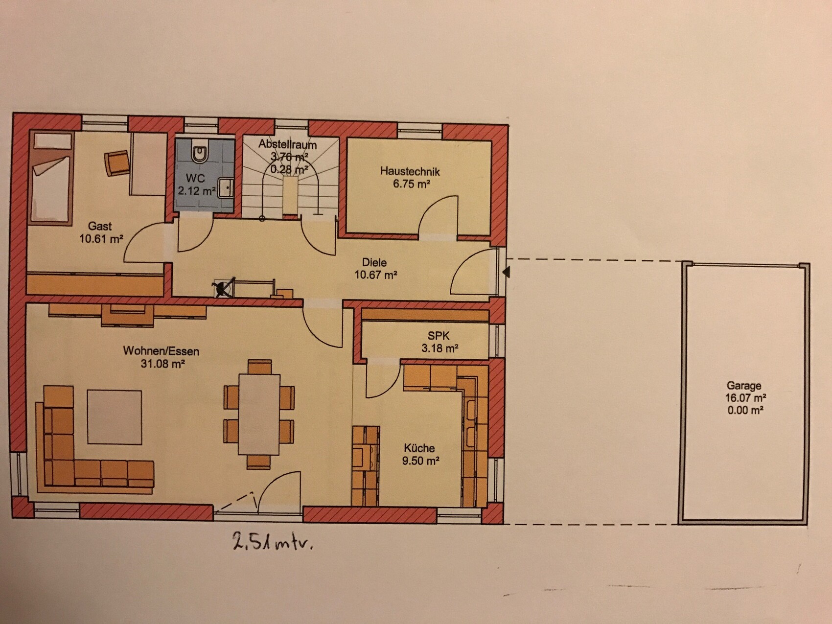 Grundriss eines Hauses: Wohnen/Essen, Küche, Gast, Diele, WC, Abstellraum, Haustechnik, SPK, Garage.