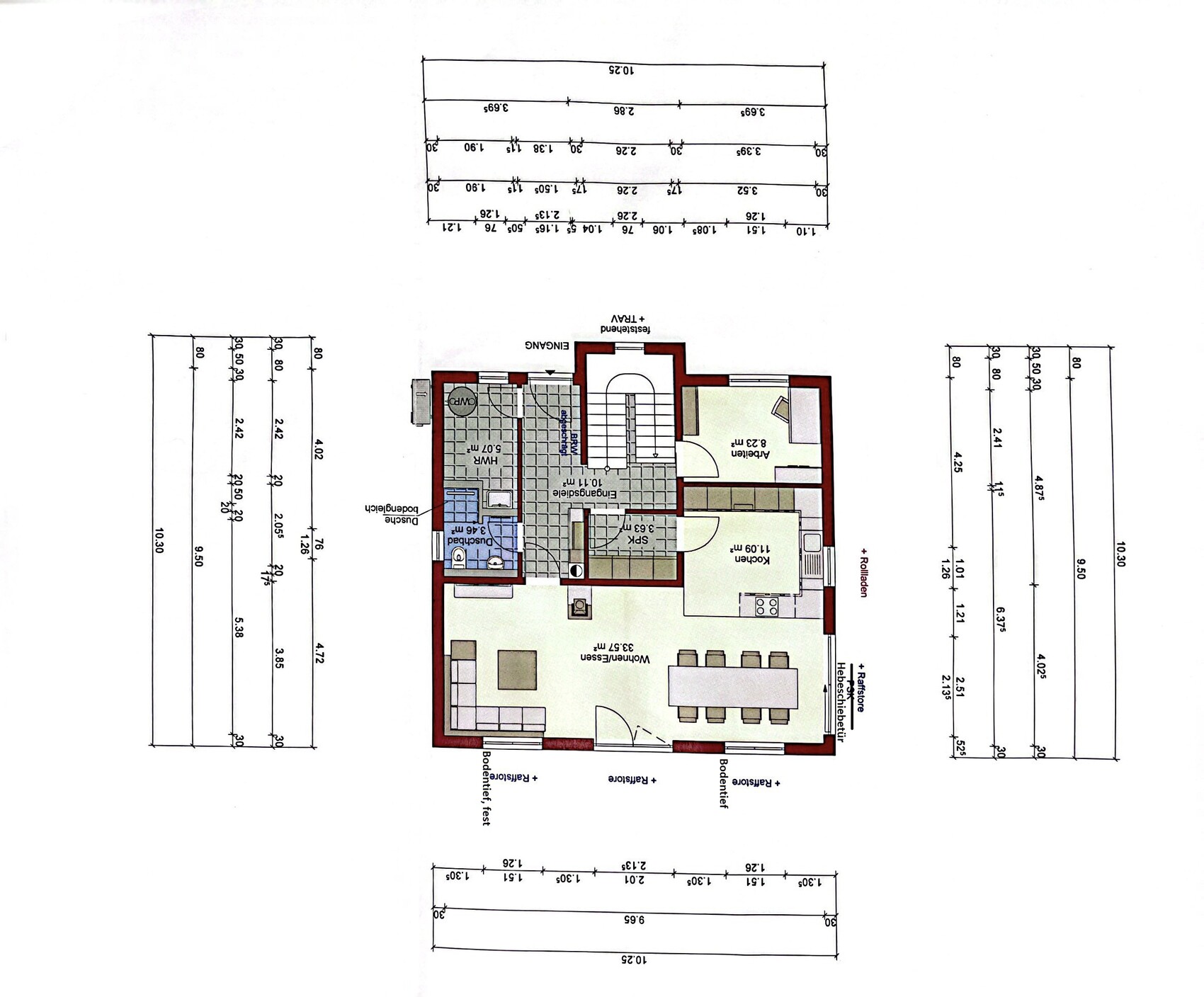 Detaillierter Grundriss eines Hauses mit Wohnbereich, Küche, Bad und Treppen