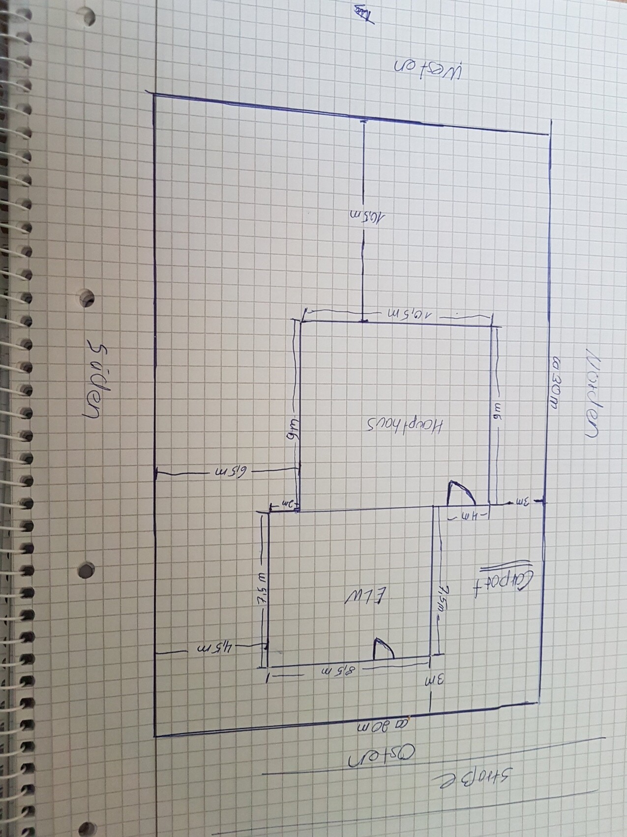 Handgezeichnete Grundriss-Skizze eines Wohn- und Schlafbereichs mit Wohnzimmer und Flur.