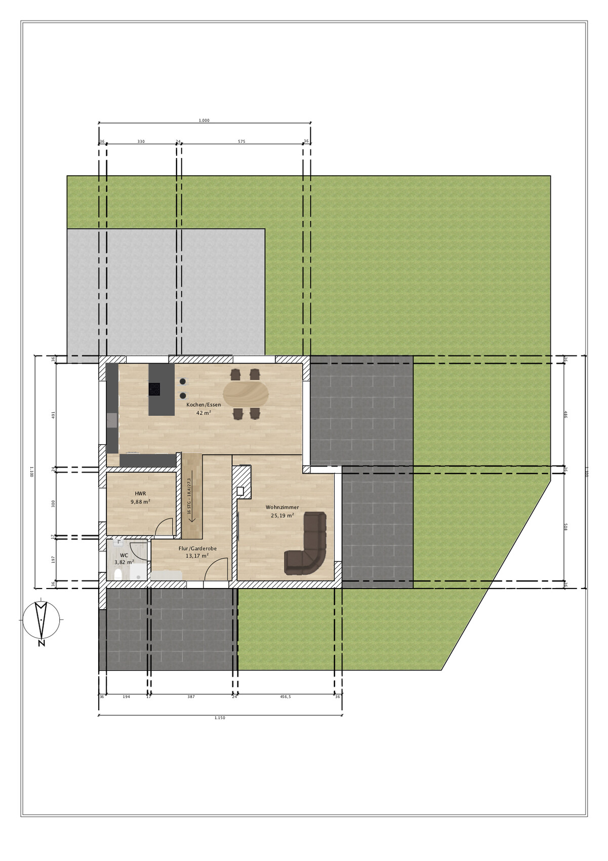 Grundriss eines Hauses mit Küche/Essen, Wohnzimmer, Flur, HWR, WC und Garten.