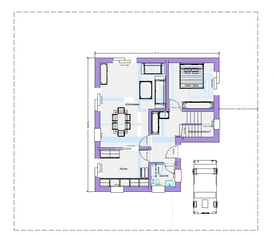 Grundriss eines Einfamilienhauses mit Wohnzimmer, Küche, Diele, Bad/Dusche, Gästezimmer/Büro und Garage.