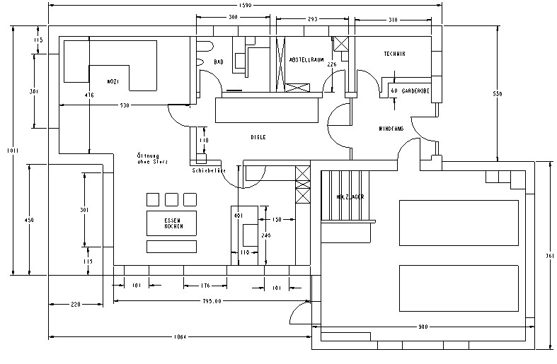 Detaillierter Grundriss eines Hauses mit Küche, Essbereich, Wohnzimmer, Bad und Schlafzimmer.