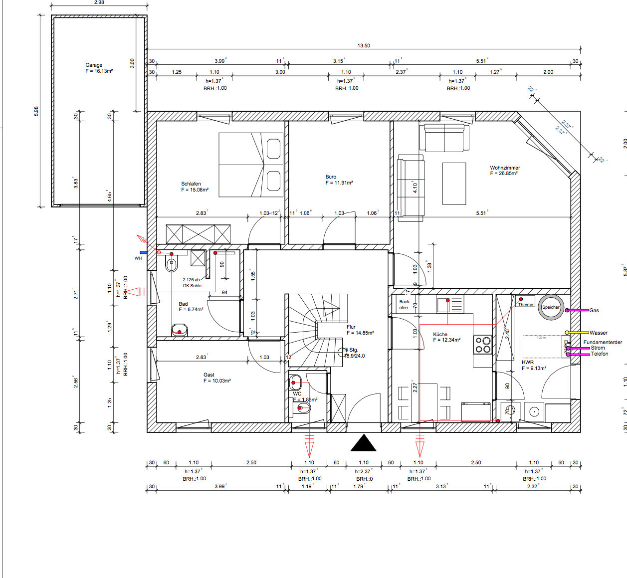 Detaillierter Grundriss eines Hauses mit Wohnzimmer, Küche, Schlafzimmer und Bad.