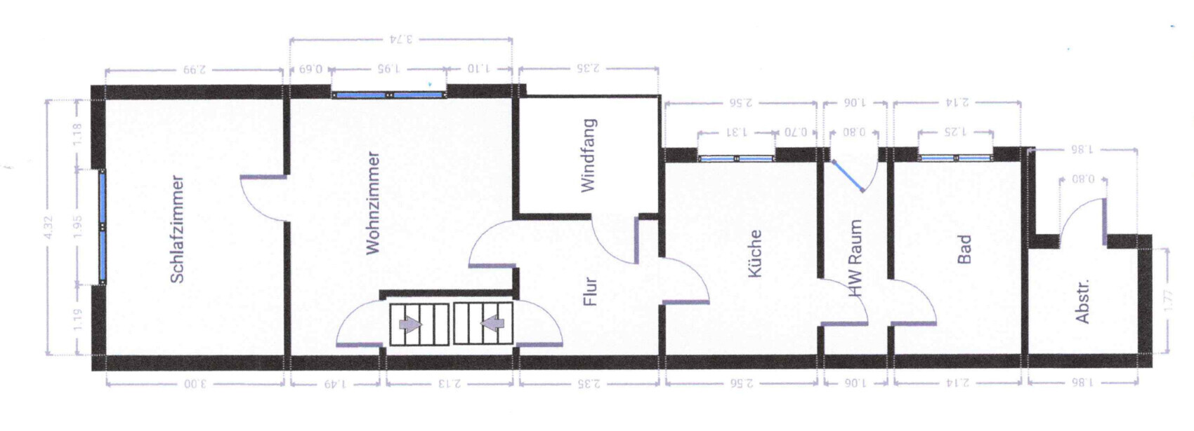 Grundriss eines Apartments: Schlafzimmer, Wohnzimmer, Flur, Windfang, Küche, Bad, Abstellraum.