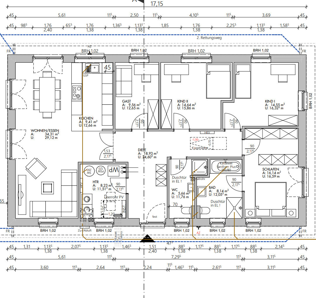 Grundriss eines Hauses: Wohn-/Essbereich, Küche, Diele, Schlaf- und Kinderzimmer, Bad, WC, HWR.
