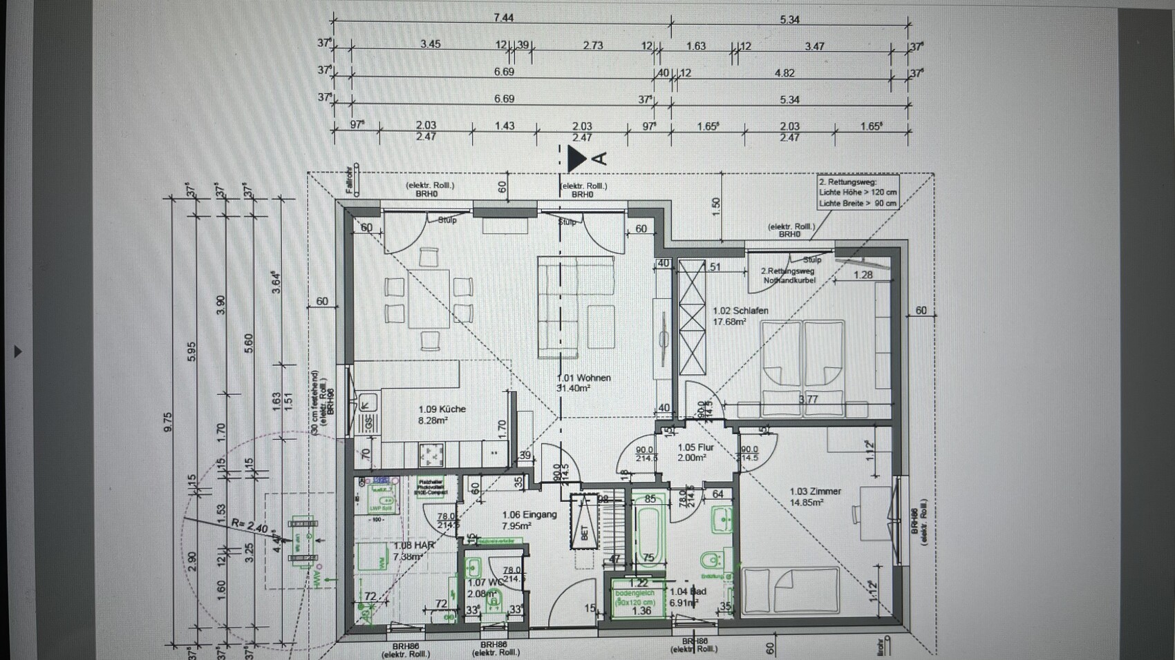 Grundriss eines Wohnhauses: Wohnzimmer, Küche, Flur, Schlafzimmer und weiteres Zimmer mit Maßangaben.