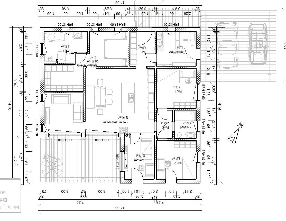 Grundriss eines Hauses mit Wohnzimmer, Küche, Schlafzimmern, Bad und Treppen