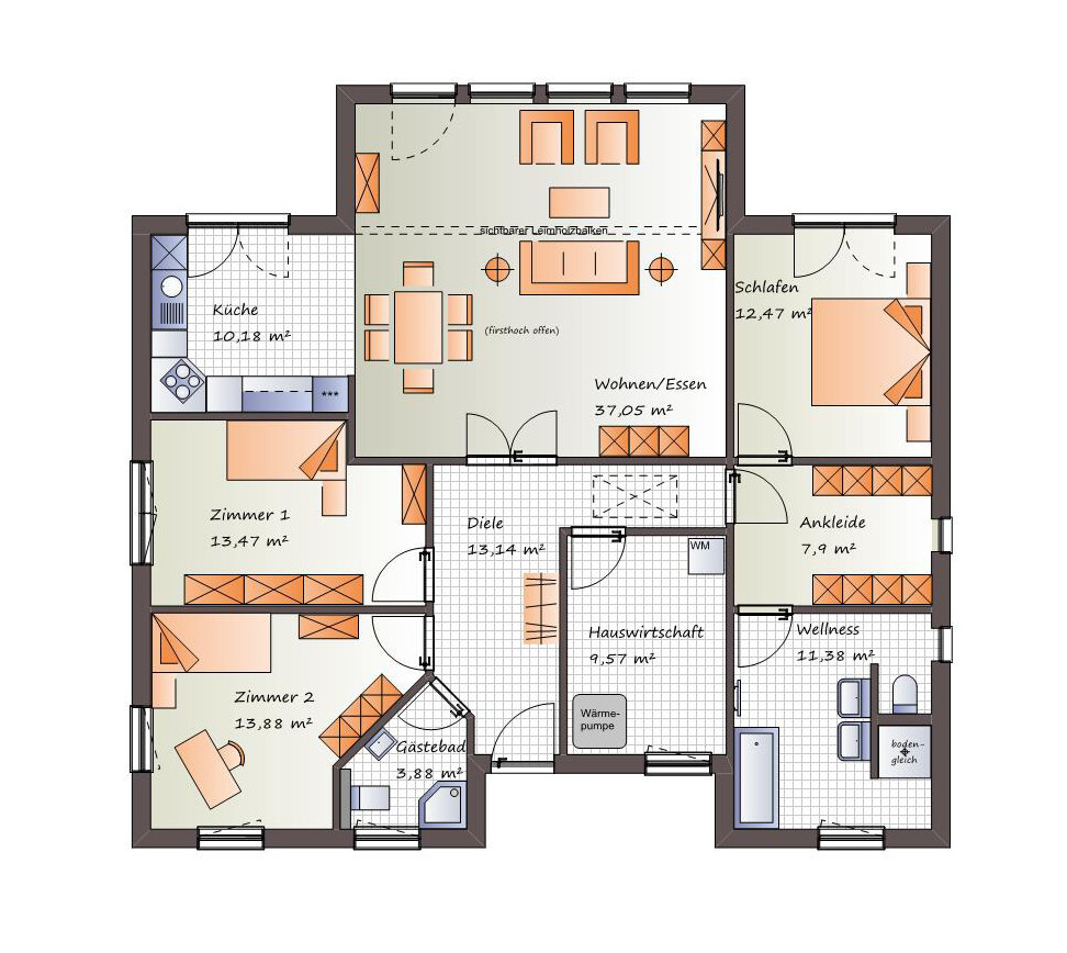 Grundriss eines Einfamilienhauses mit Küche, Wohnzimmer und Schlafzimmer