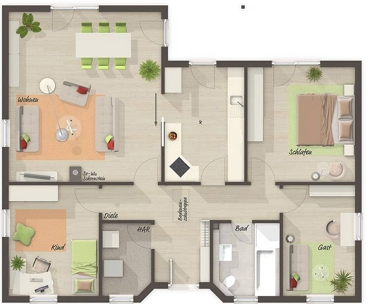 Grundriss einer Wohnung: Wohnbereich, Essbereich, Küche, Diele, Bad, Schlaf-, Gäste- und Kinderzimmer.